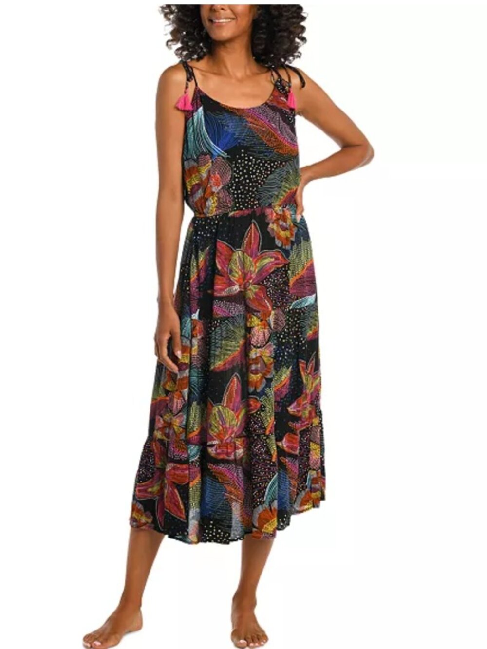 La Blanca Sunlit Soiree Tiered Midi Dress Women's XS Tropical Floral Crepe Cover